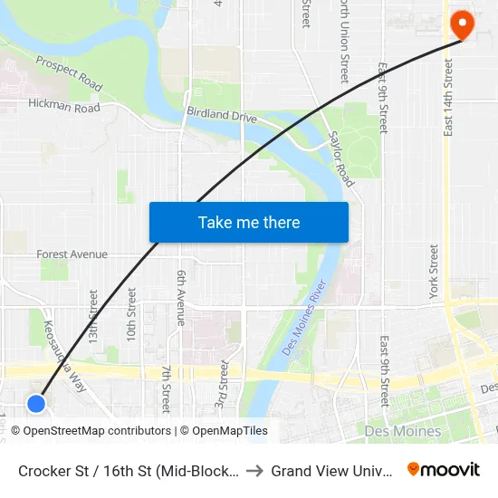 Crocker St / 16th St (Mid-Block), Dsm to Grand View University map