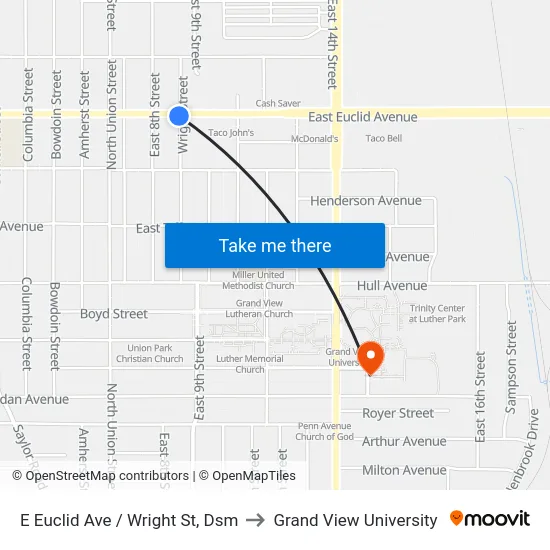 E Euclid Ave / Wright St, Dsm to Grand View University map