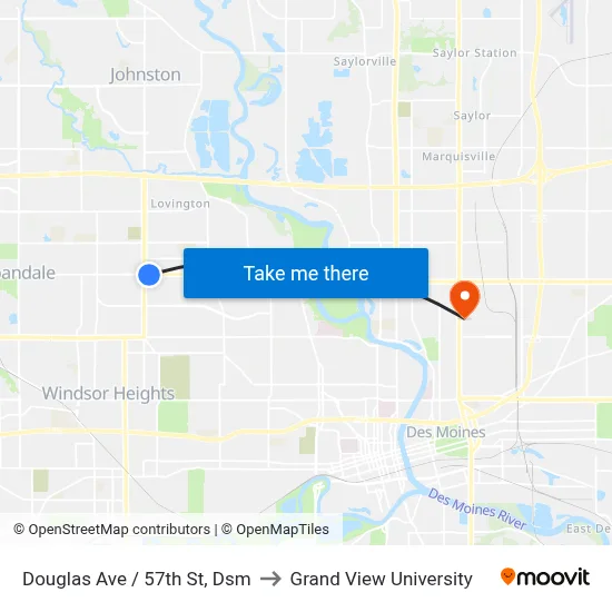 Douglas Ave / 57th St, Dsm to Grand View University map