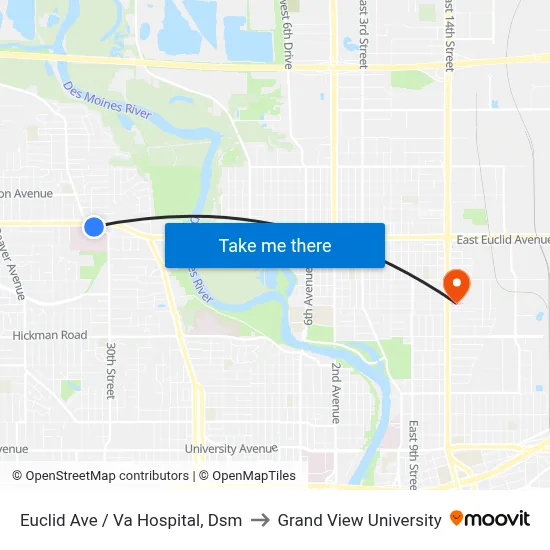 Euclid Ave / Va Hospital, Dsm to Grand View University map