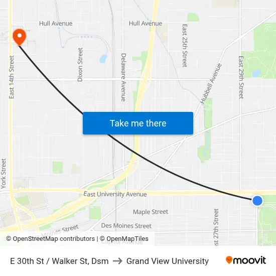 E 30th St / Walker St, Dsm to Grand View University map