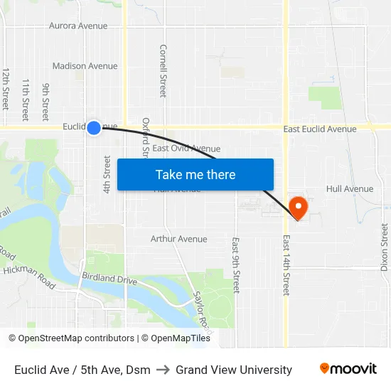Euclid Ave / 5th Ave, Dsm to Grand View University map