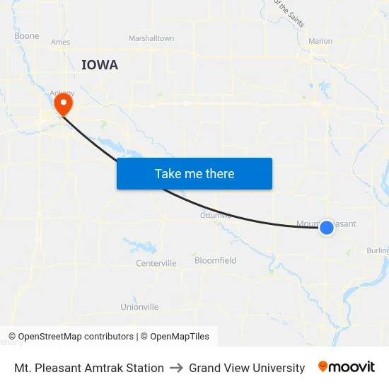 Mt. Pleasant Amtrak Station to Grand View University map