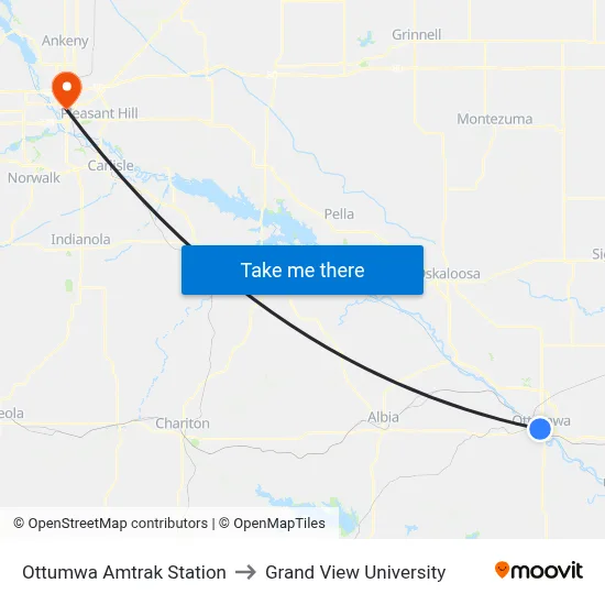 Ottumwa Amtrak Station to Grand View University map