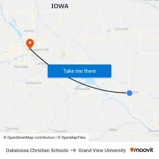 Oskaloosa Christian Schools to Grand View University map