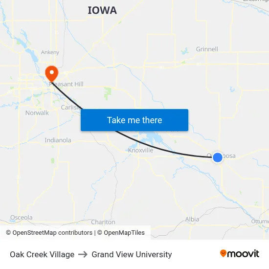 Oak Creek Village to Grand View University map