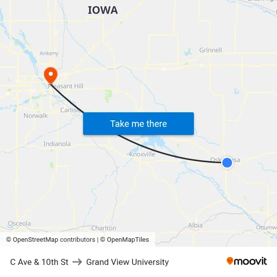 C Ave & 10th St to Grand View University map