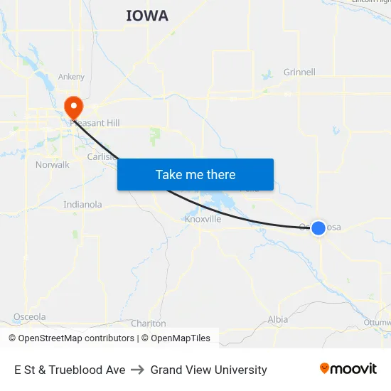 E St & Trueblood Ave to Grand View University map