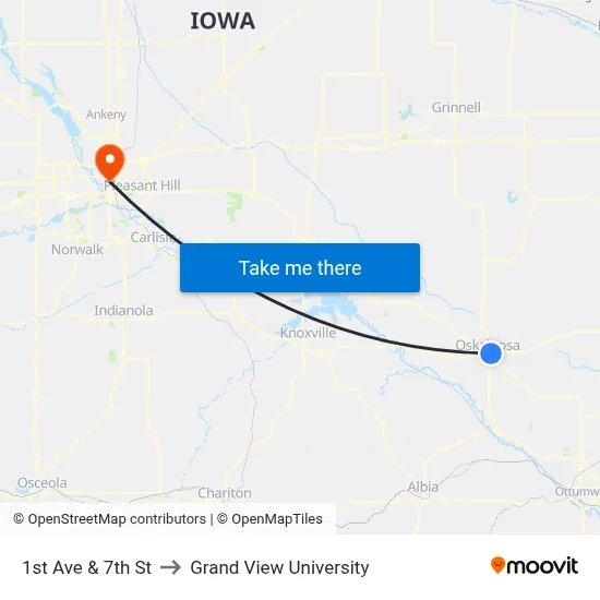 1st Ave & 7th St to Grand View University map