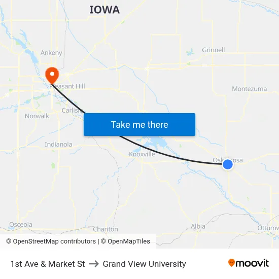1st Ave & Market St to Grand View University map