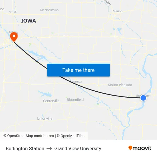 Burlington Station to Grand View University map