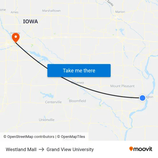 Westland Mall to Grand View University map