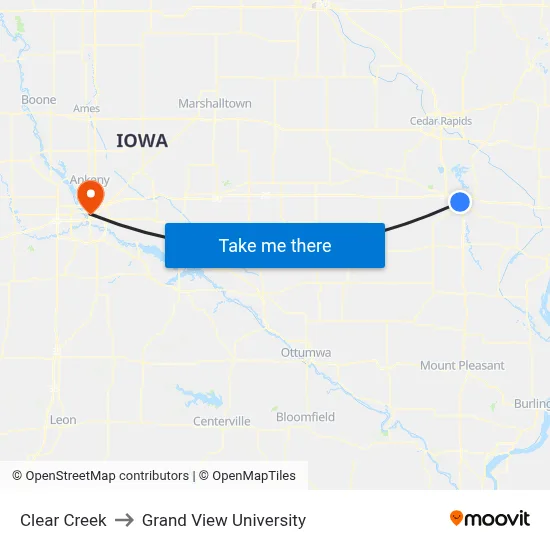 Clear Creek to Grand View University map