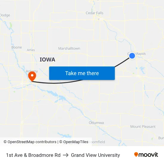 1st Ave & Broadmore Rd to Grand View University map