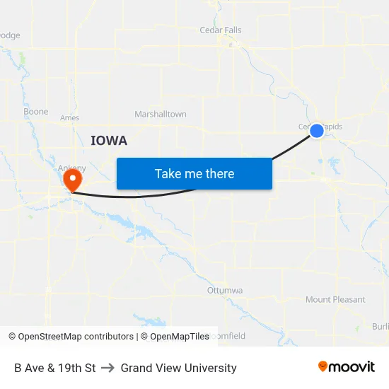 B Ave & 19th St to Grand View University map