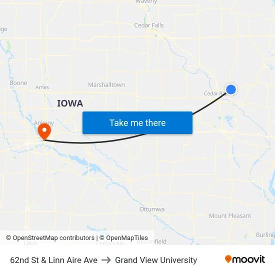 62nd St & Linn Aire Ave to Grand View University map