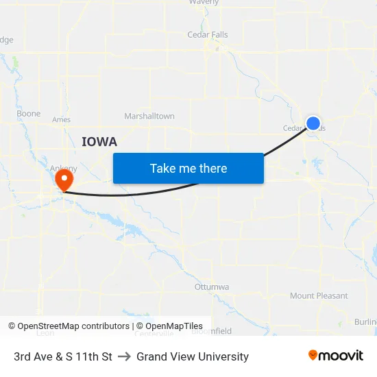 3rd Ave & S 11th St to Grand View University map