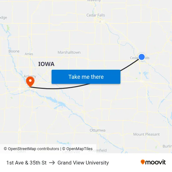 1st Ave & 35th St to Grand View University map