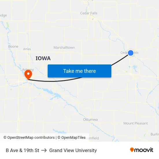 B Ave & 19th St to Grand View University map