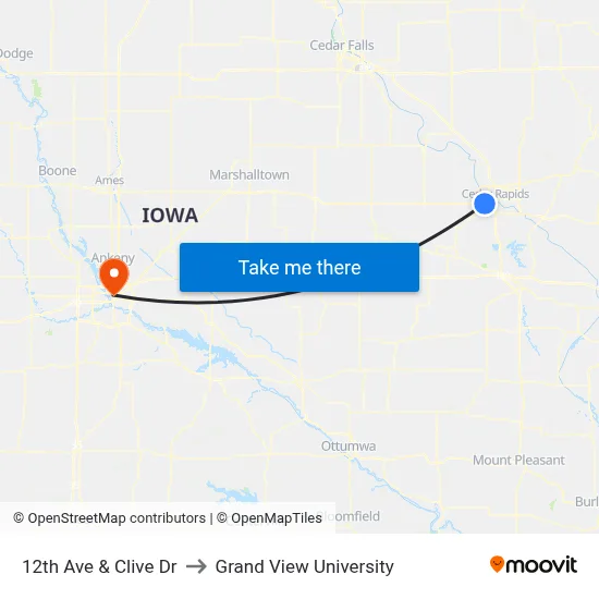 12th Ave & Clive Dr to Grand View University map