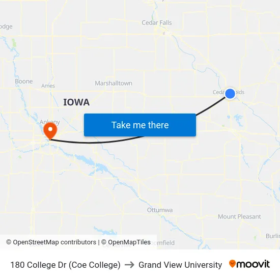 180 College Dr (Coe College) to Grand View University map