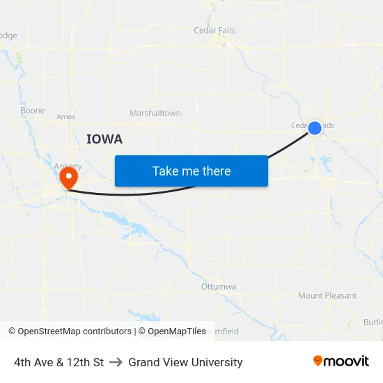 4th Ave & 12th St to Grand View University map