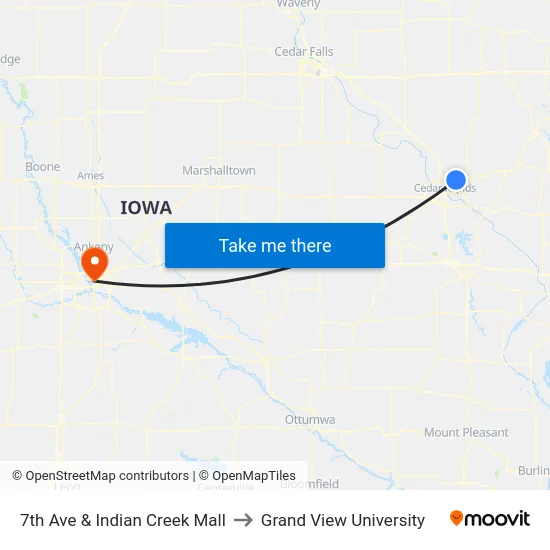7th Ave & Indian Creek Mall to Grand View University map