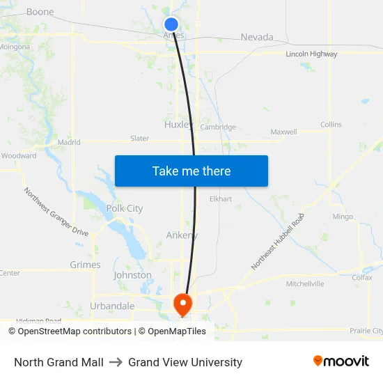 North Grand Mall to Grand View University map
