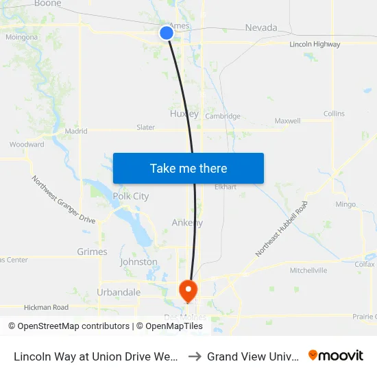 Lincoln Way at Union Drive Westbound to Grand View University map
