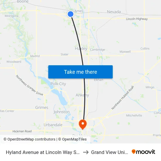 Hyland Avenue at Lincoln Way Southbound to Grand View University map