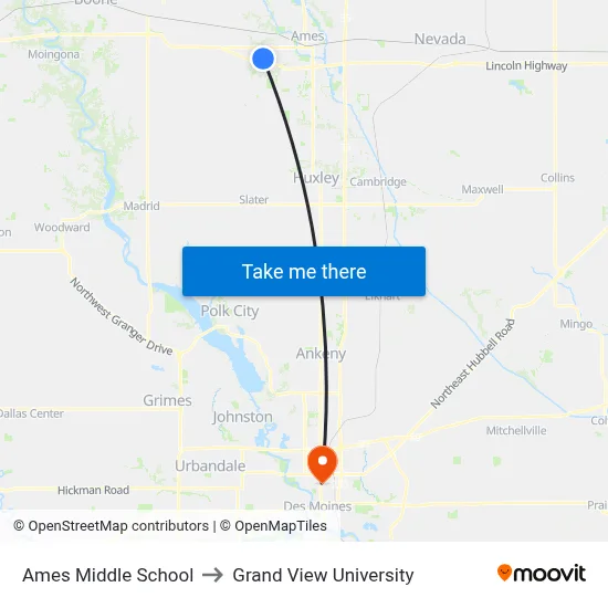 Ames Middle School to Grand View University map