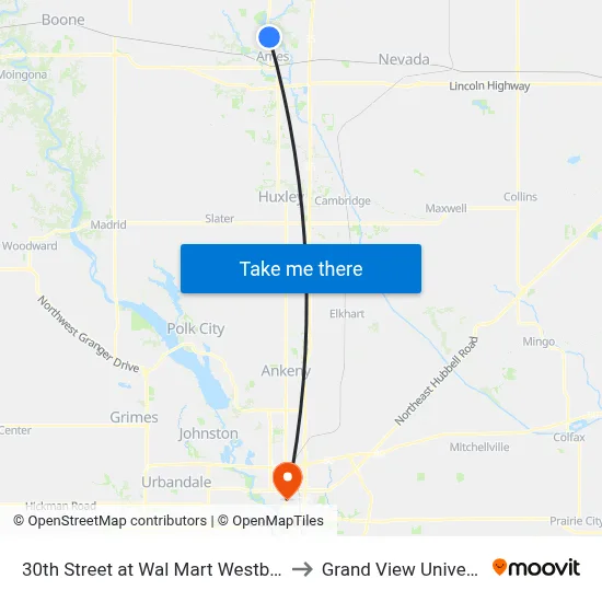 30th Street at Wal Mart Westbound to Grand View University map