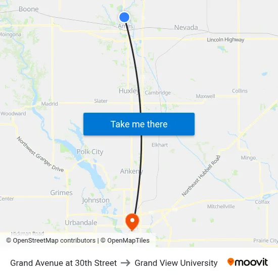 Grand Avenue at 30th Street to Grand View University map