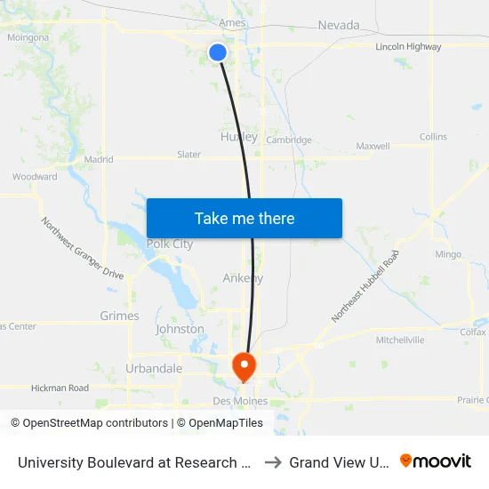 University Boulevard at Research Park Northbound to Grand View University map