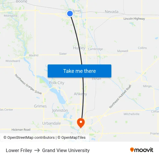 Lower Friley to Grand View University map
