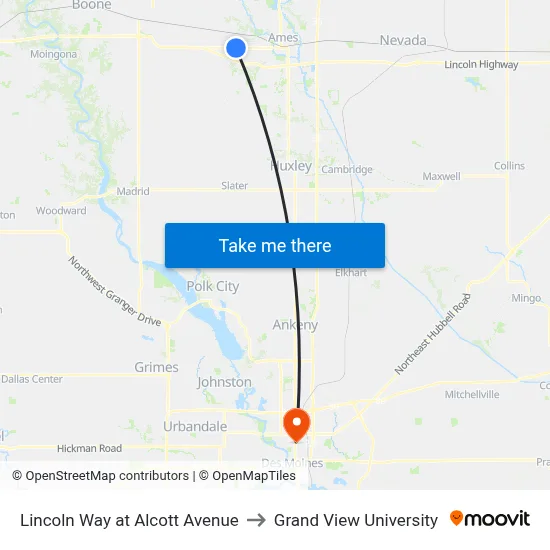Lincoln Way at Alcott Avenue to Grand View University map