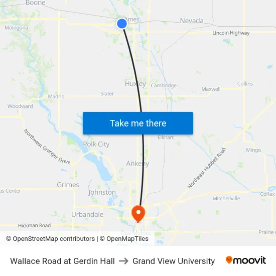 Wallace Road at Gerdin Hall to Grand View University map