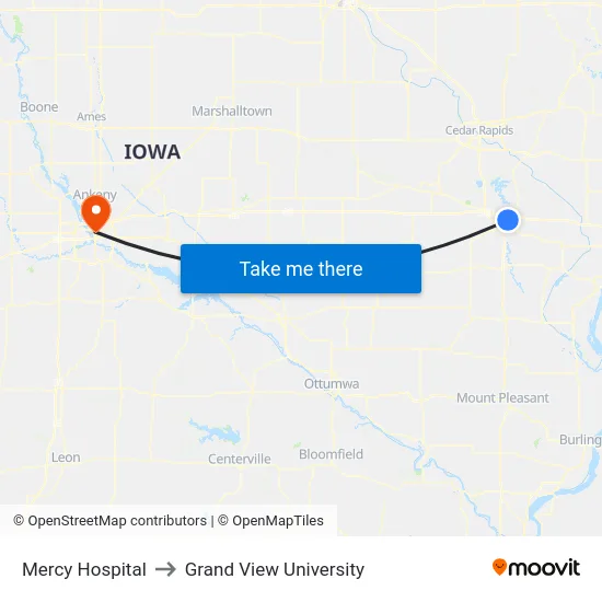 Mercy Hospital to Grand View University map