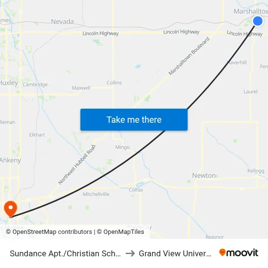 Sundance Apt./Christian School to Grand View University map