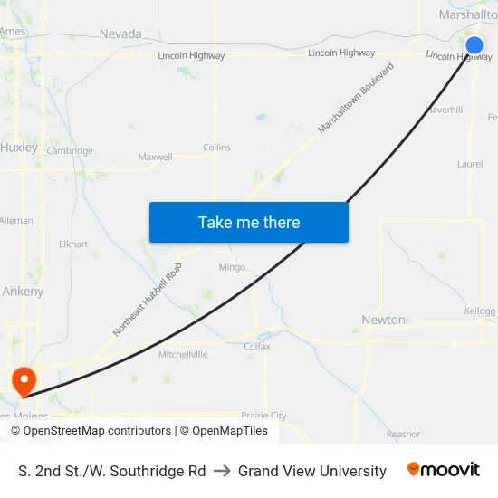 S. 2nd St./W. Southridge Rd to Grand View University map