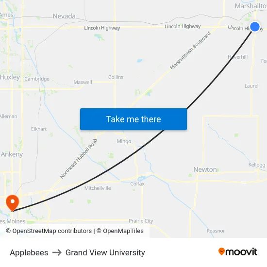 Applebees to Grand View University map