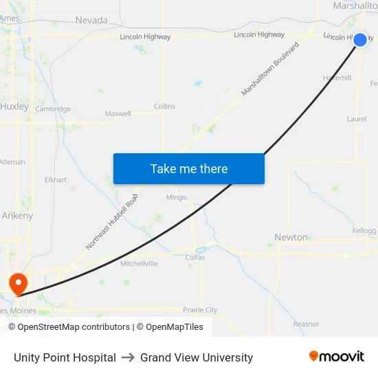 Unity Point Hospital to Grand View University map