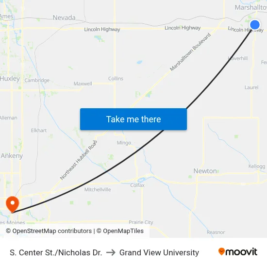 S. Center St./Nicholas Dr. to Grand View University map