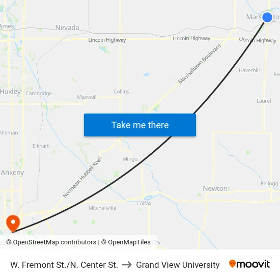 W. Fremont St./N. Center St. to Grand View University map