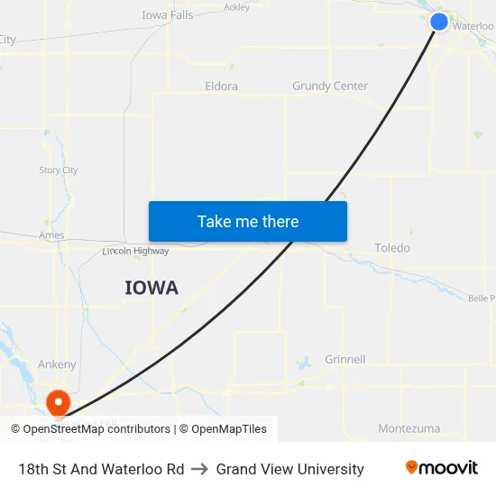 18th St And Waterloo Rd to Grand View University map