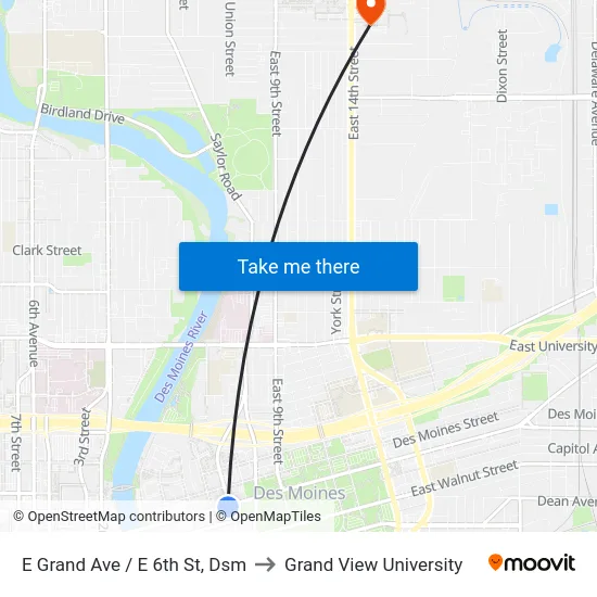 E Grand Ave / E 6th St, Dsm to Grand View University map