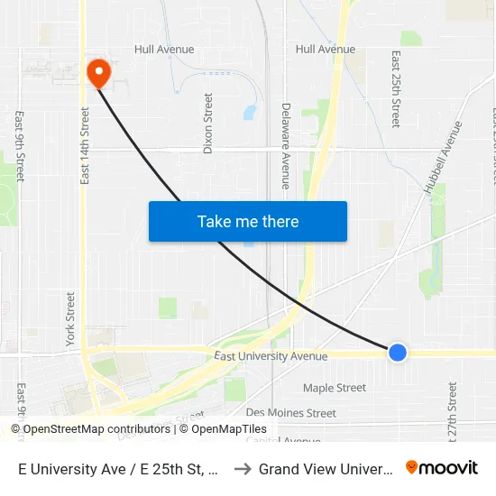 E University Ave / E 25th St, Dsm to Grand View University map