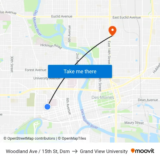 Woodland Ave / 15th St, Dsm to Grand View University map