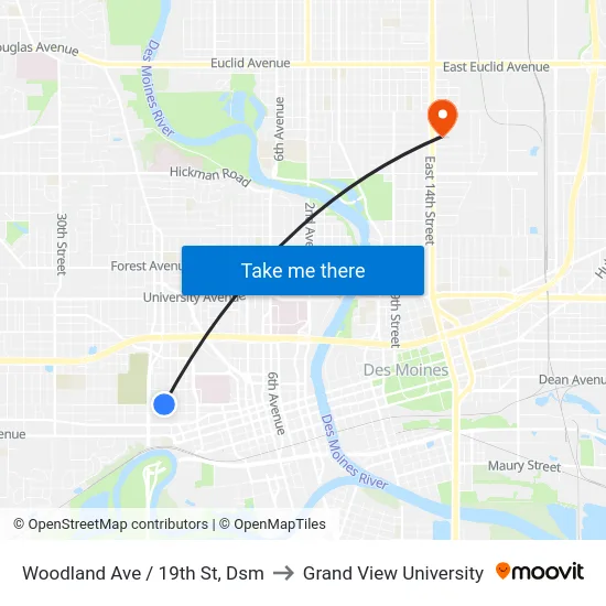 Woodland Ave / 19th St, Dsm to Grand View University map