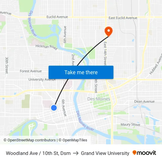 Woodland Ave / 10th St, Dsm to Grand View University map